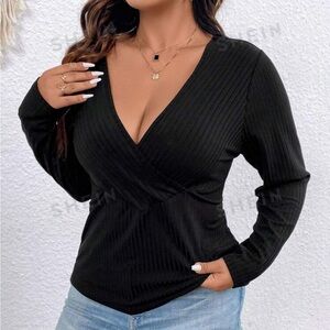 SHEIN SXY Plus Surplice Neck Ribbed Knit Tee